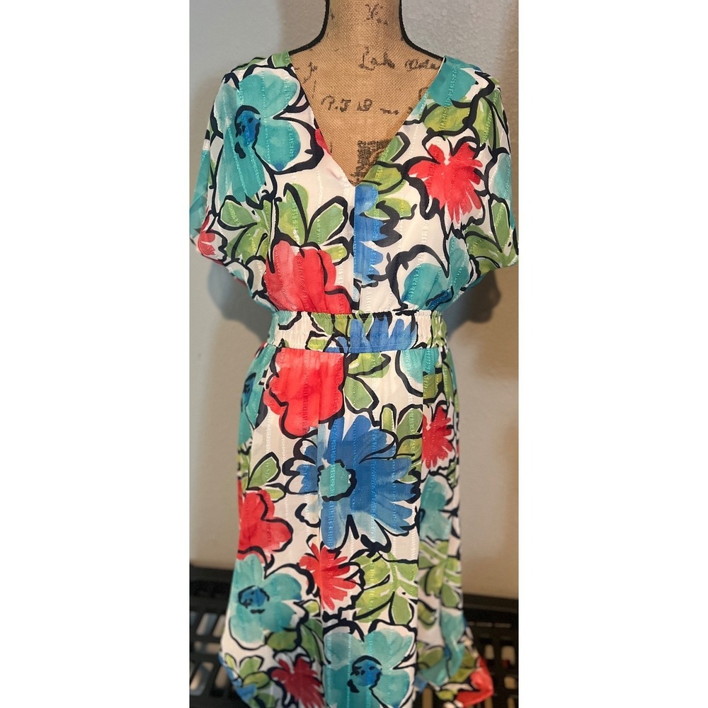 Maggy London Floral Midi Dress Womens 12 Multicolor Good Metallic Stripe V-Neck